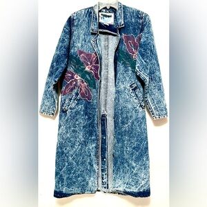 Vintage Jorda Fashion Denim Floral Flower Painted Jean Jacket Long Trench Coat S